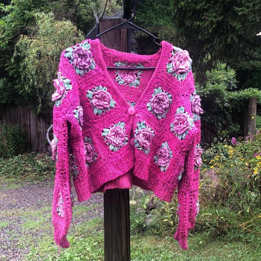 Sparkly granny square roses cardigan